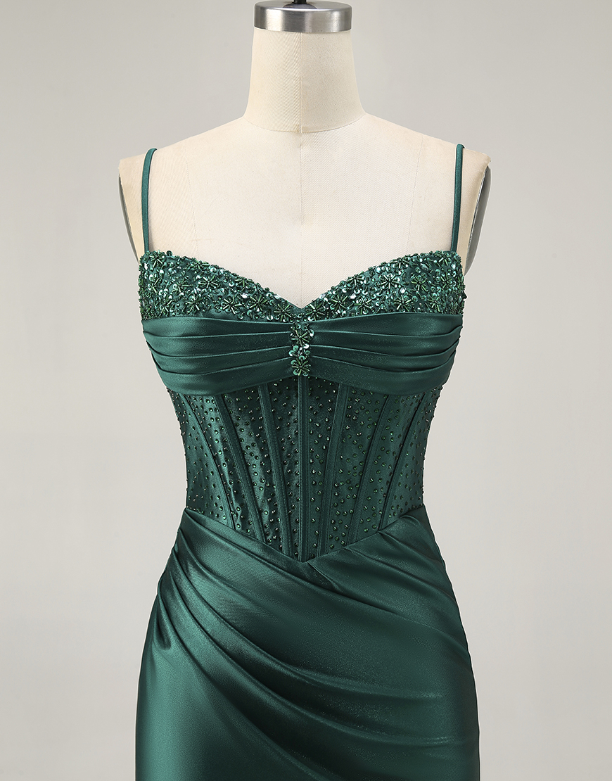 Sparkly Dark Green Tight Short Satin Corset Homecoming Dress with Beading