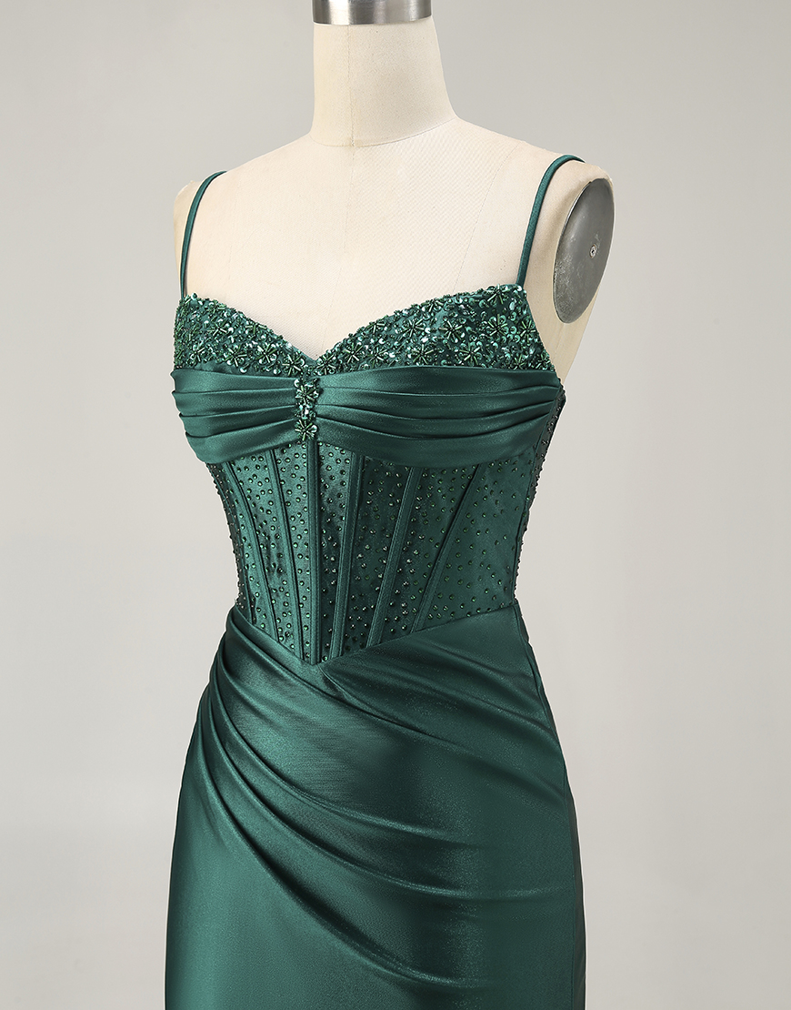 Sparkly Dark Green Tight Short Satin Corset Homecoming Dress with Beading
