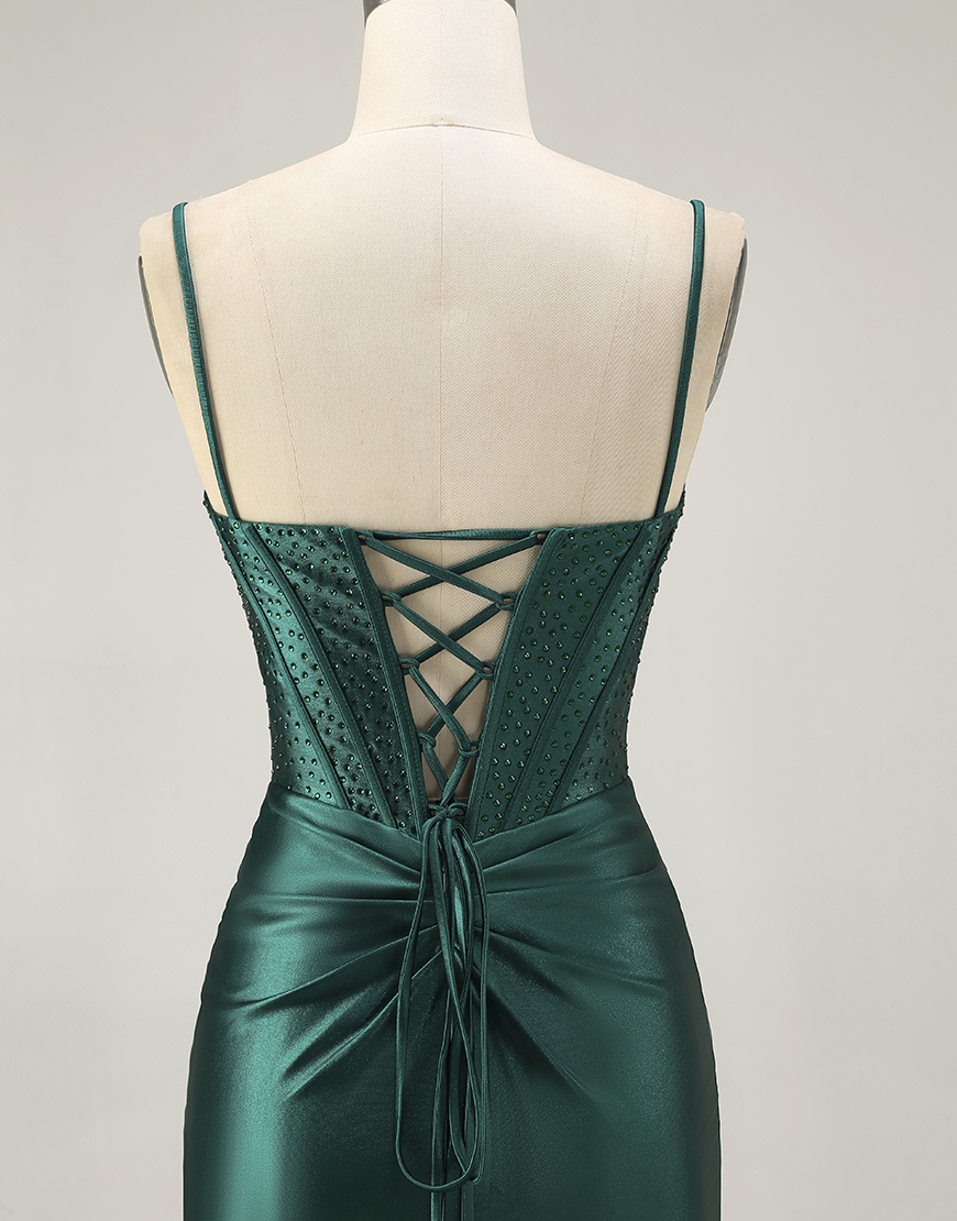 Sparkly Dark Green Tight Short Satin Corset Homecoming Dress with Beading