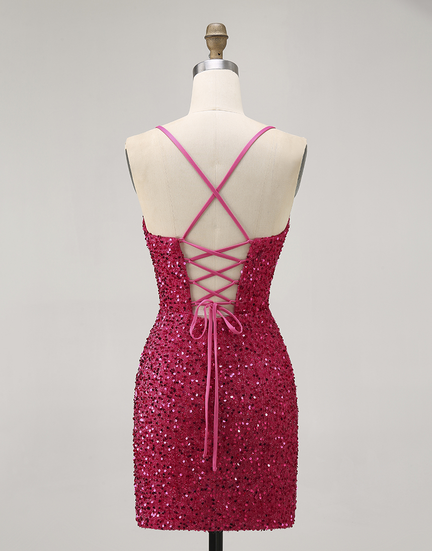 Sparkly Fuchsia Sequin Spaghetti Straps Tight Short Homecoming Dress