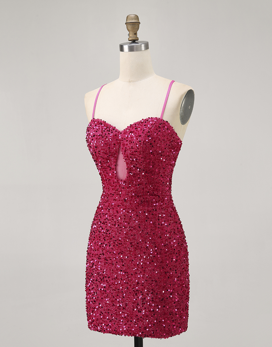 Sparkly Fuchsia Sequin Spaghetti Straps Tight Short Homecoming Dress