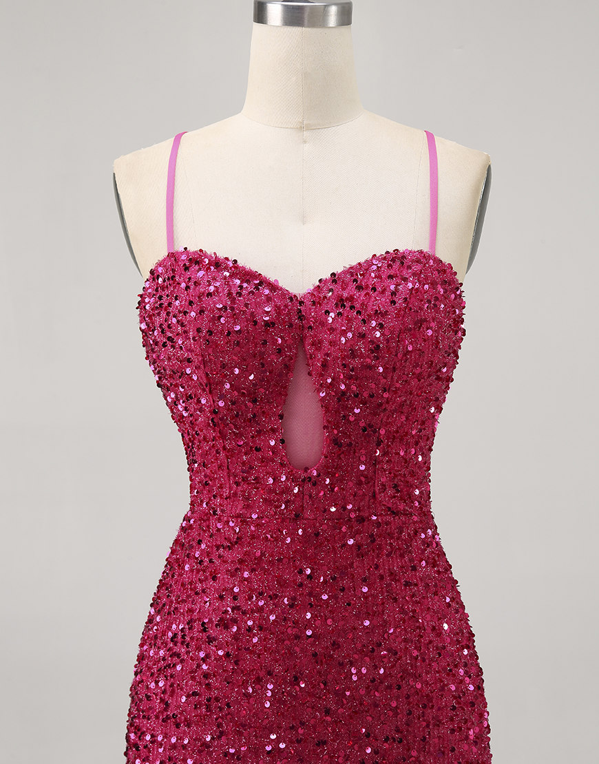 Sparkly Fuchsia Sequin Spaghetti Straps Tight Short Homecoming Dress