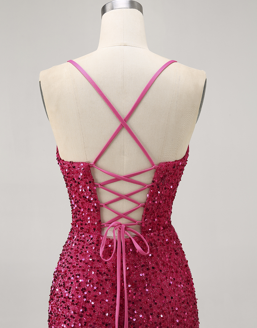 Sparkly Fuchsia Sequin Spaghetti Straps Tight Short Homecoming Dress