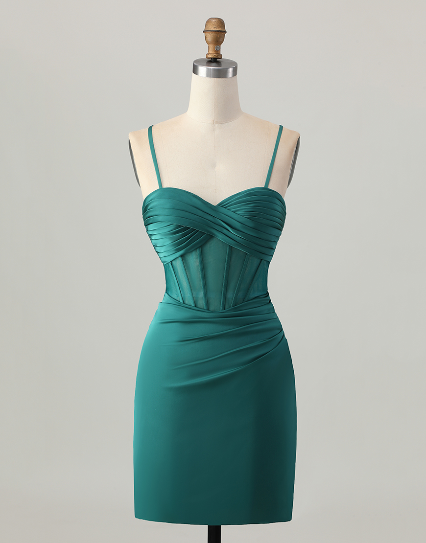 Berlinnova Women Dark Green Corset Short Homecoming Dress Spaghetti Straps Satin Tight Lace Up Back Cocktail Dress