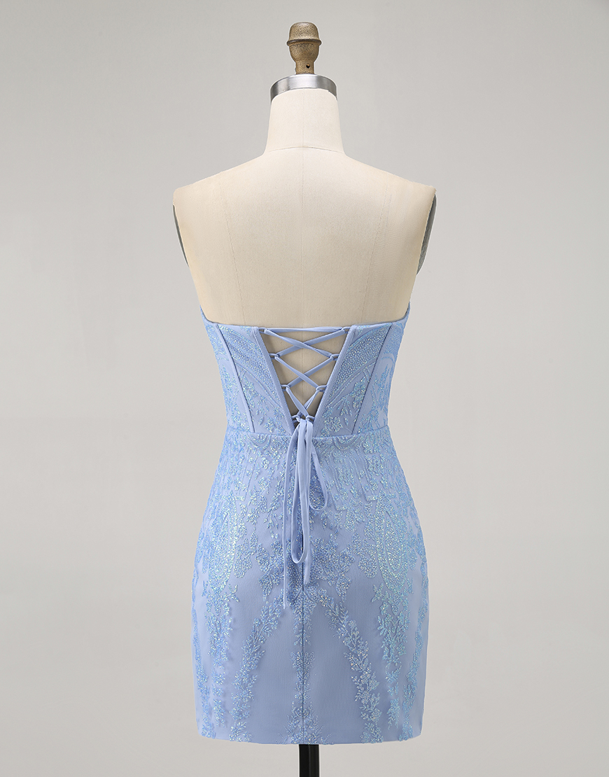 Sparkly Blue Corset Strapless Short Tight Homecoming Dress with Sequins