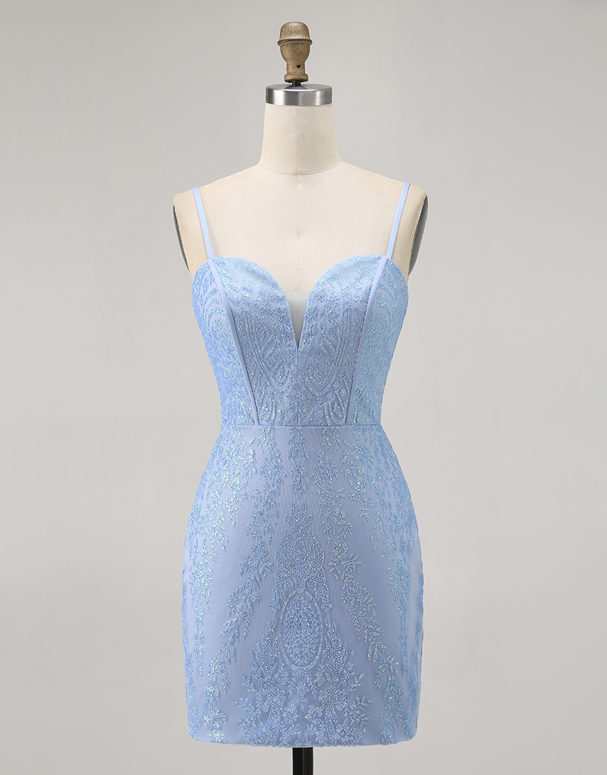 Sparkly Blue Corset Strapless Short Tight Homecoming Dress with Sequins