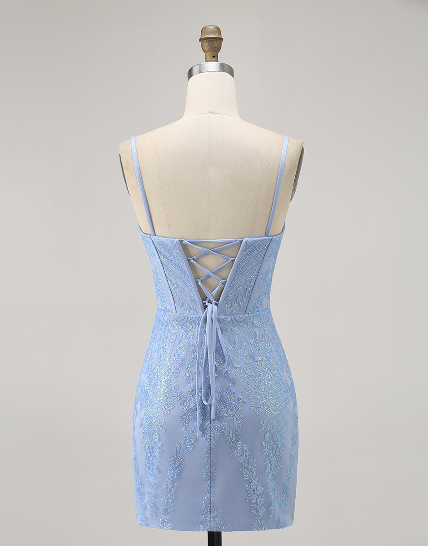 Sparkly Blue Corset Strapless Short Tight Homecoming Dress with Sequins