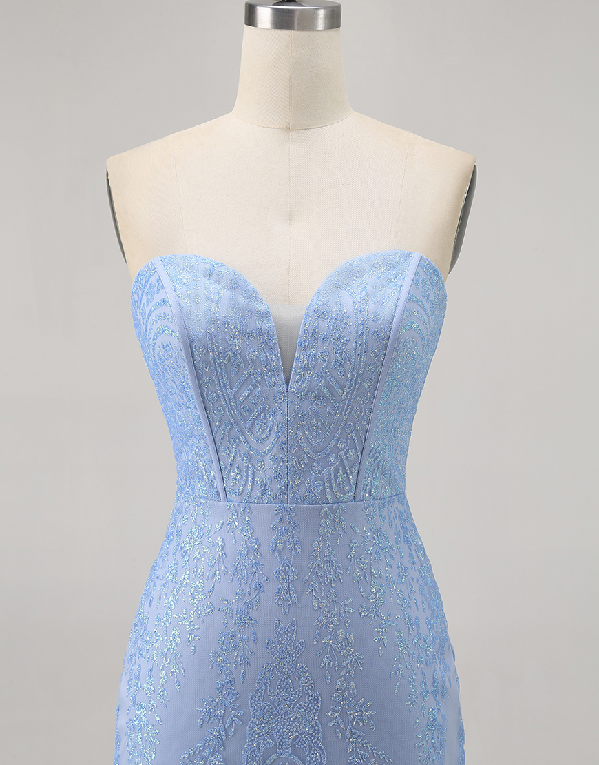 Sparkly Blue Corset Strapless Short Tight Homecoming Dress with Sequins