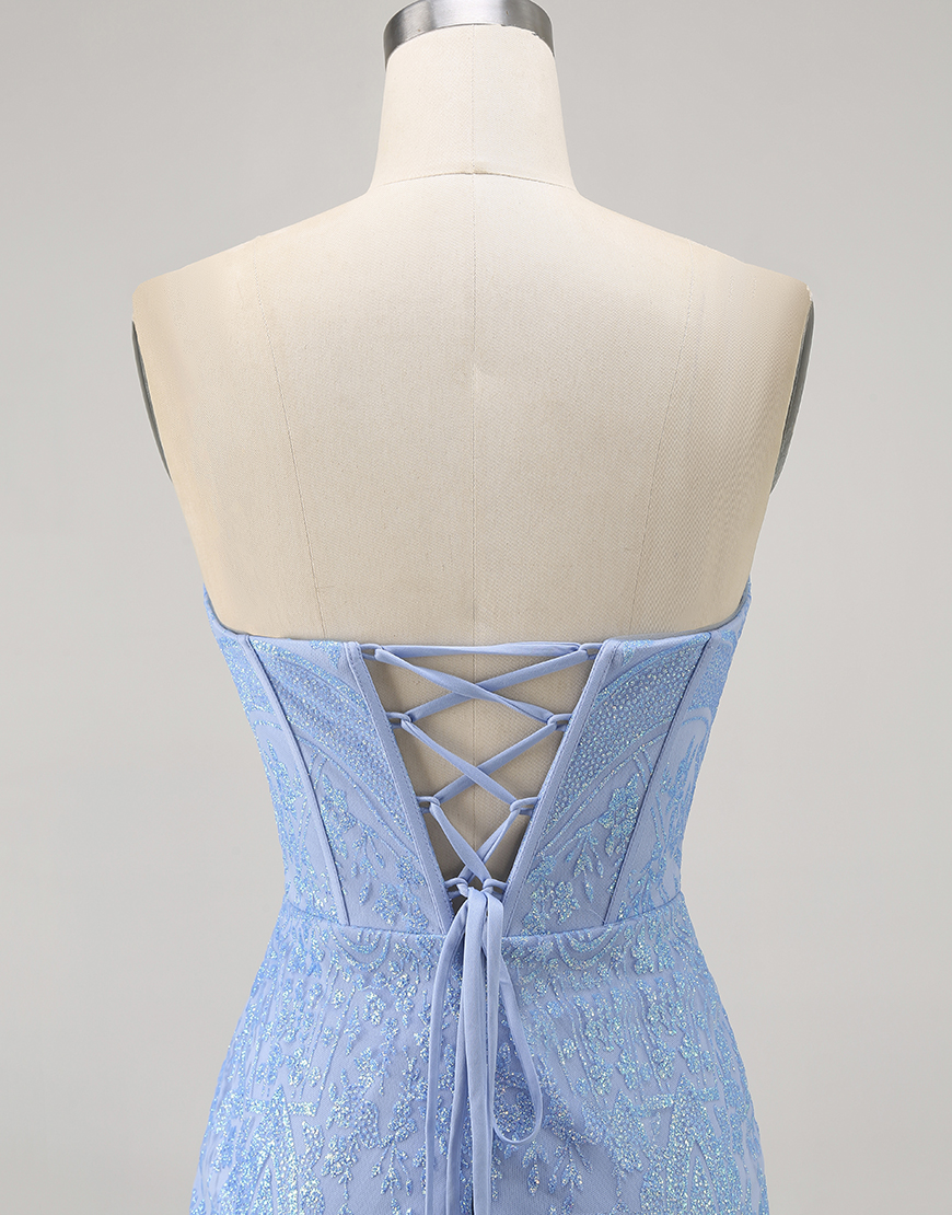 Sparkly Blue Corset Strapless Short Tight Homecoming Dress with Sequins