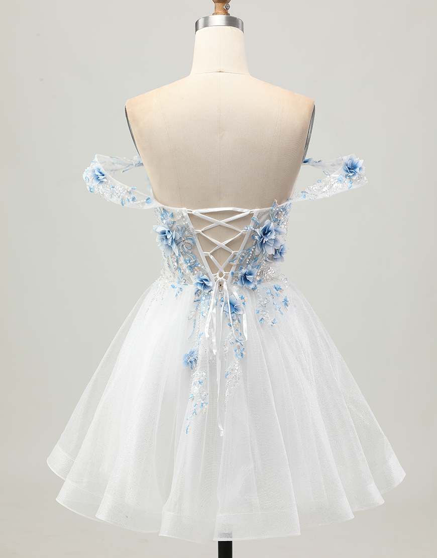 Sparkly A Line White Blue Flower Corset Short Homecoming Dress with Beading