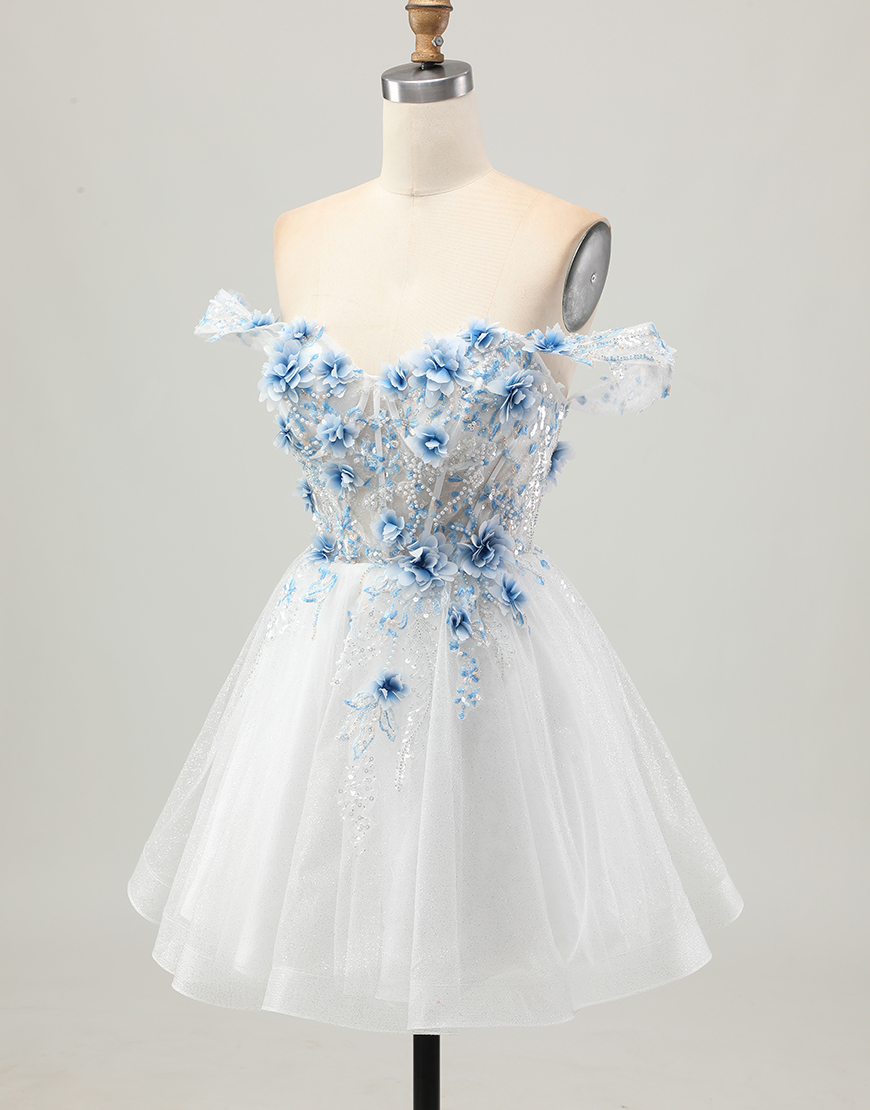Sparkly A Line White Blue Flower Corset Short Homecoming Dress with Beading