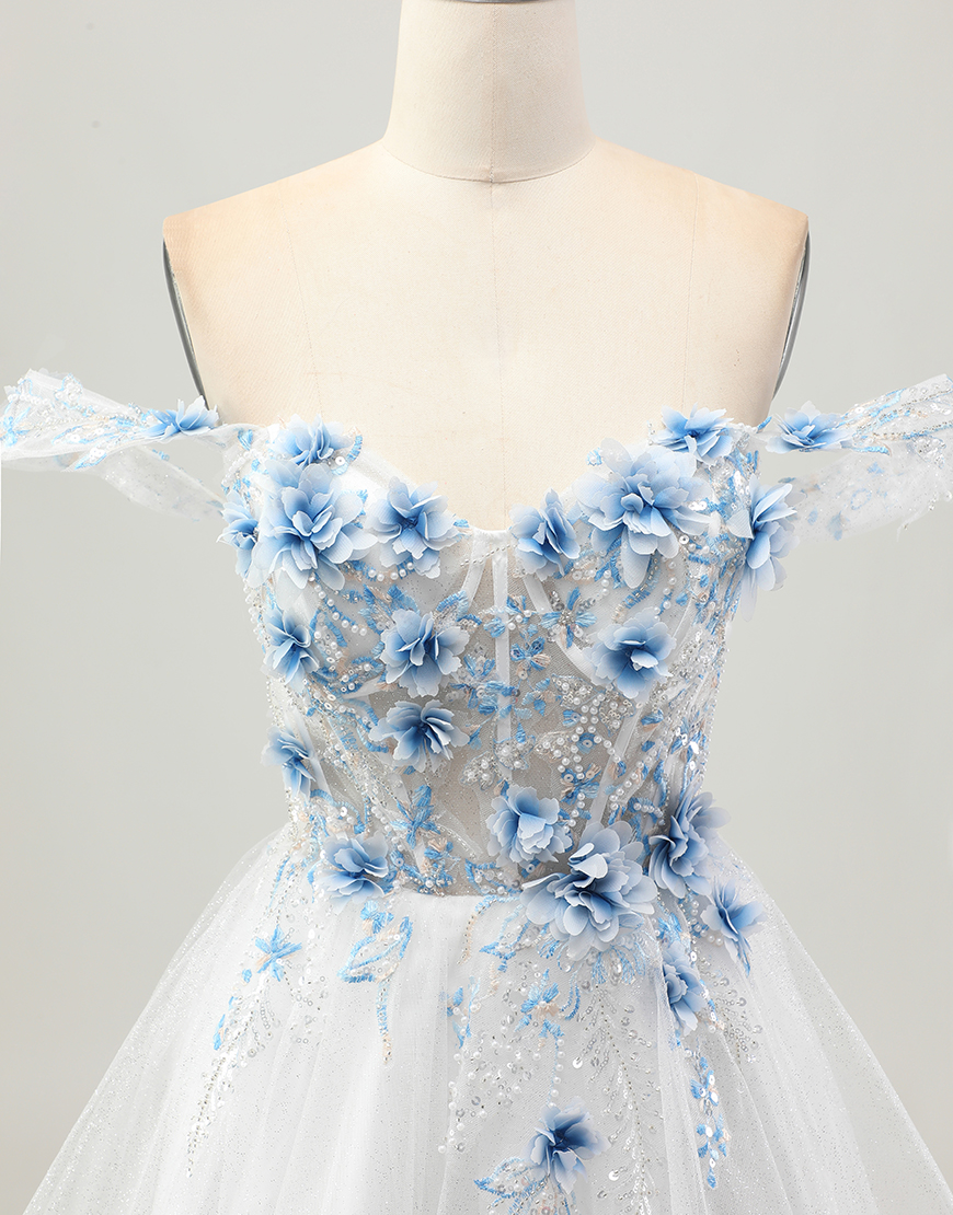 Sparkly A Line White Blue Flower Corset Short Homecoming Dress with Beading