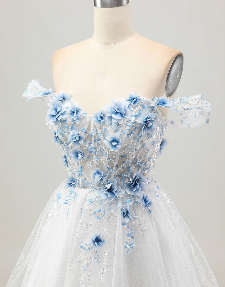 Sparkly A Line White Blue Flower Corset Short Homecoming Dress with Beading