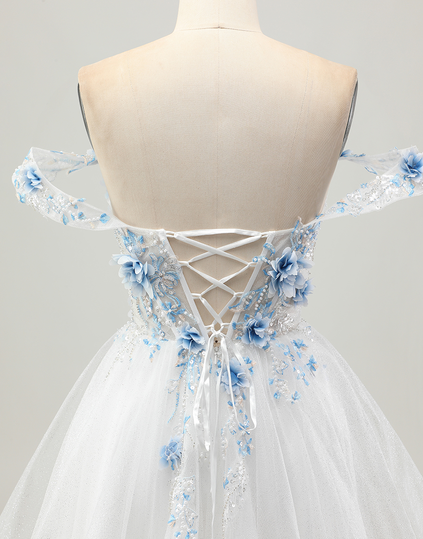 Sparkly A Line White Blue Flower Corset Short Homecoming Dress with Beading