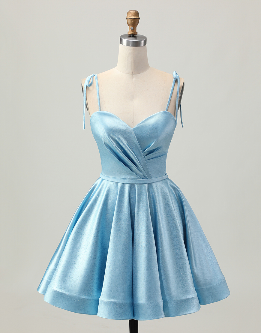 Blue A Line Spaghetti Straps Satin Short Homecoming Dress