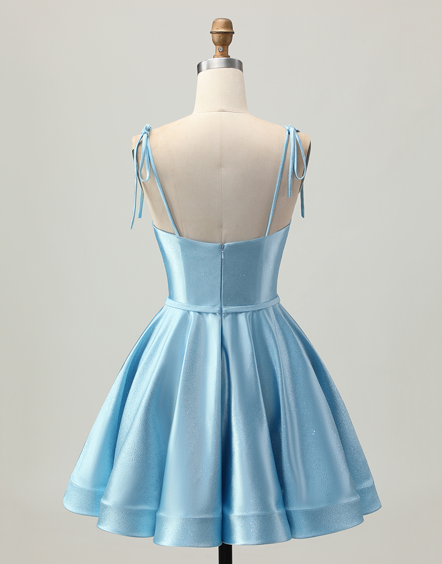 Blue A Line Spaghetti Straps Satin Short Homecoming Dress
