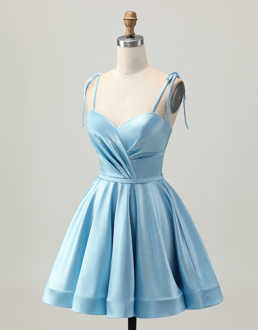 Blue A Line Spaghetti Straps Satin Short Homecoming Dress
