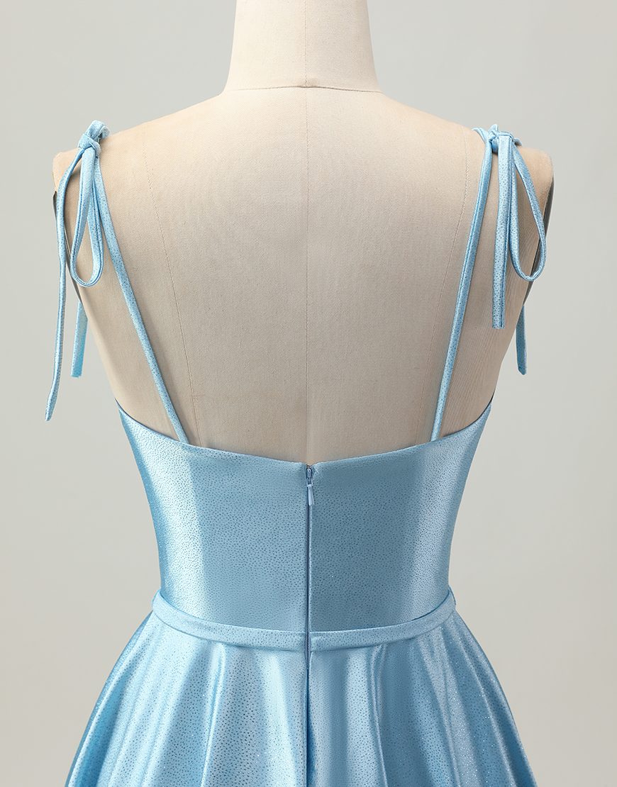 Blue A Line Spaghetti Straps Satin Short Homecoming Dress