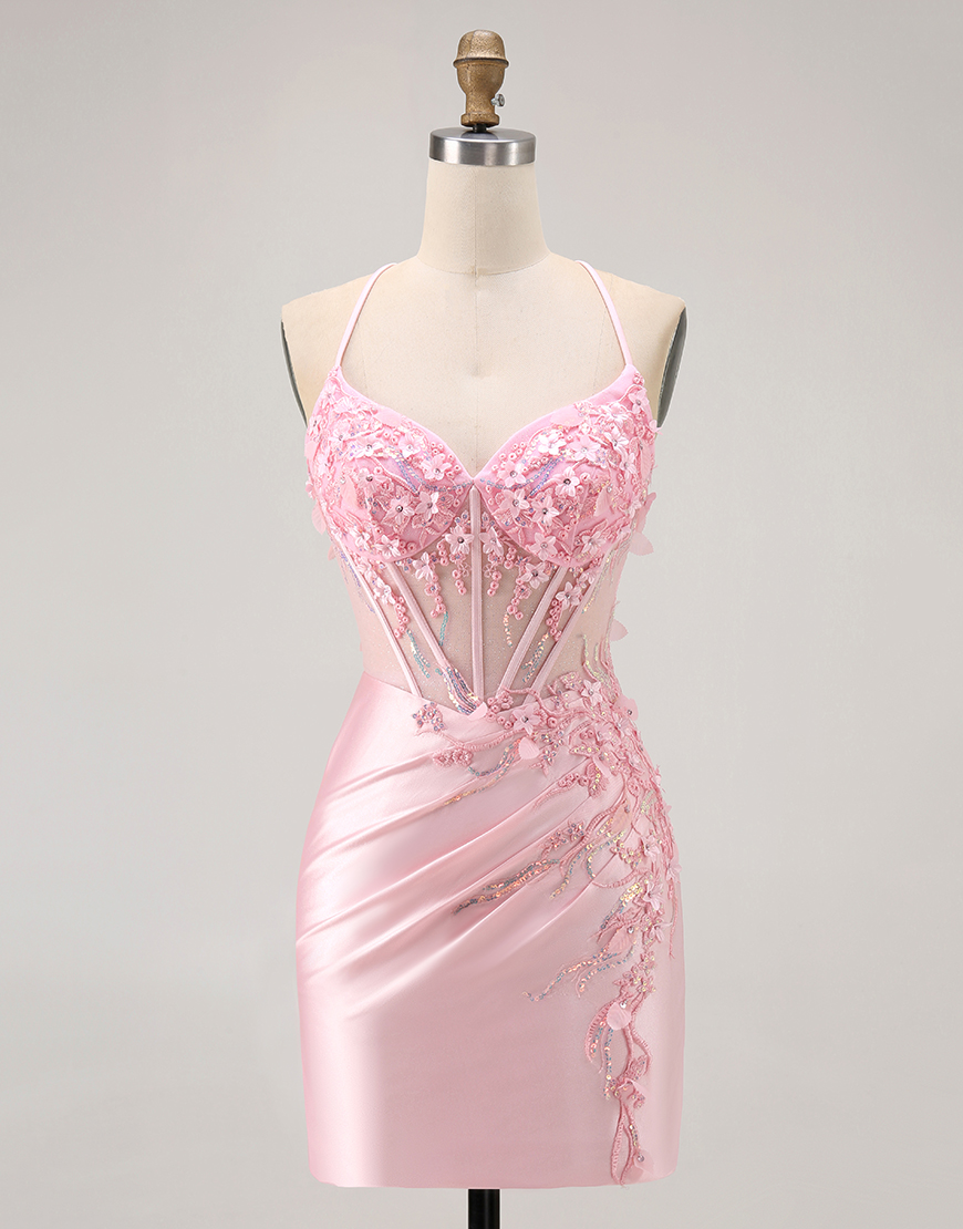 Sparkly Candy Pink Floral Tight Short Corset Homecoming Dress with Sequins
