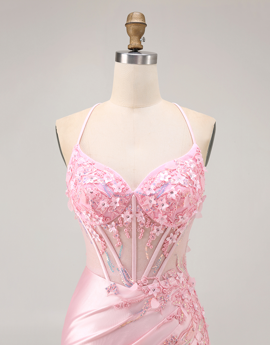 Sparkly Candy Pink Floral Tight Short Corset Homecoming Dress with Sequins