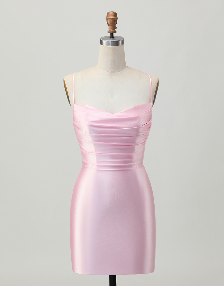 Blush Pink Spaghetti Straps Satin Short Tight Homecoming Dress