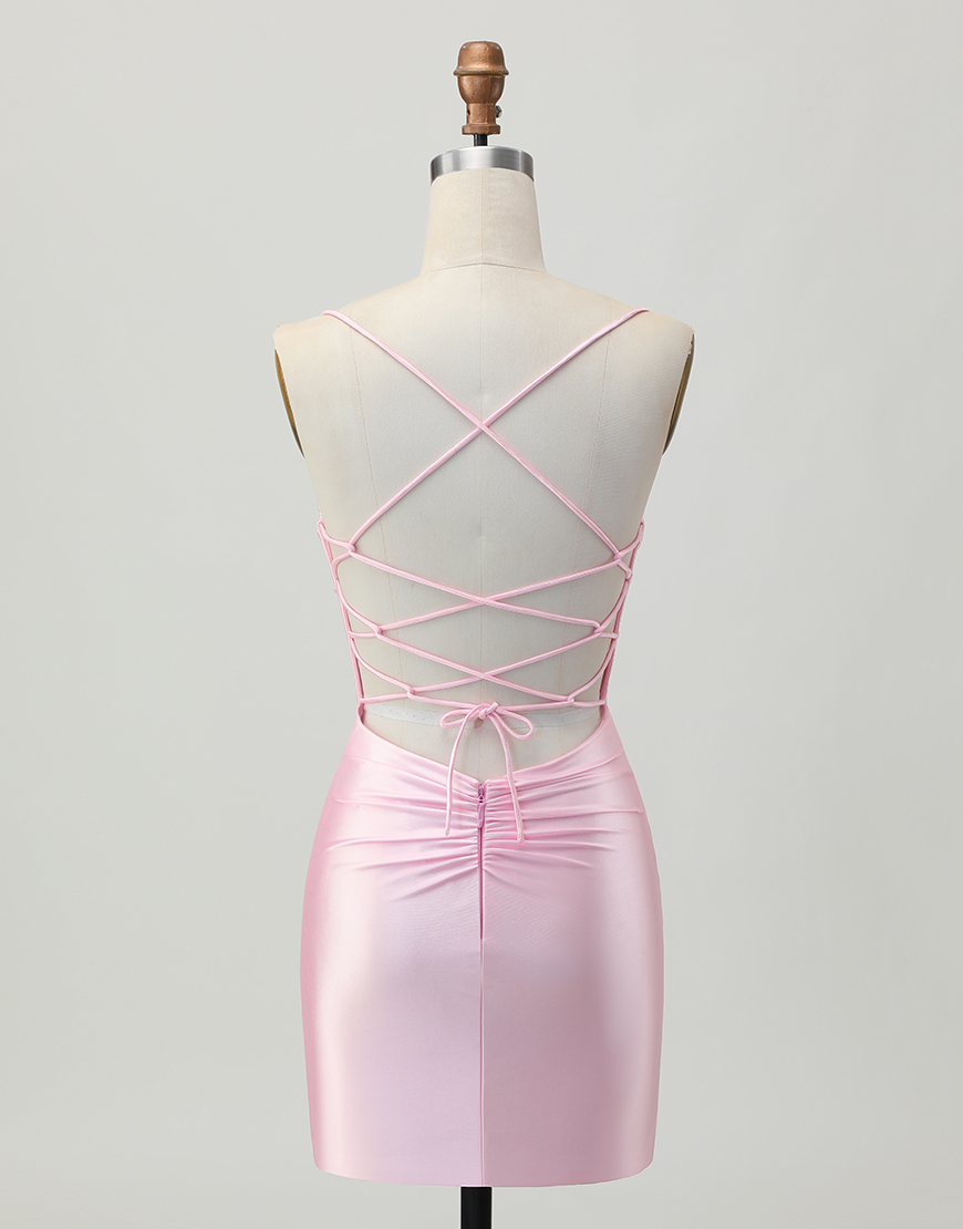 Blush Pink Spaghetti Straps Satin Short Tight Homecoming Dress