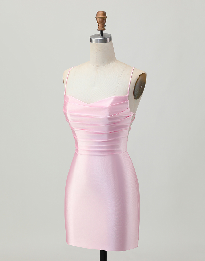Blush Pink Spaghetti Straps Satin Short Tight Homecoming Dress