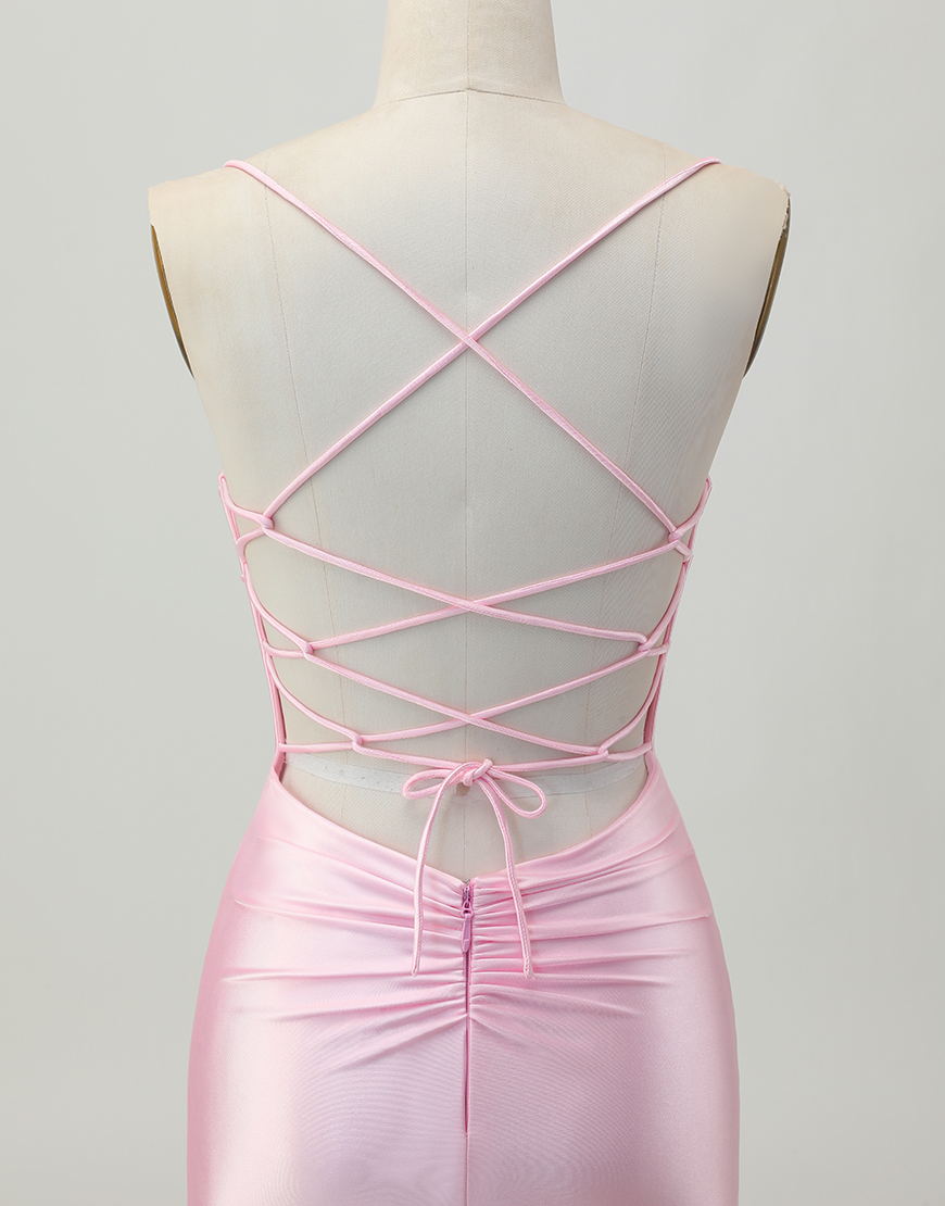 Blush Pink Spaghetti Straps Satin Short Tight Homecoming Dress