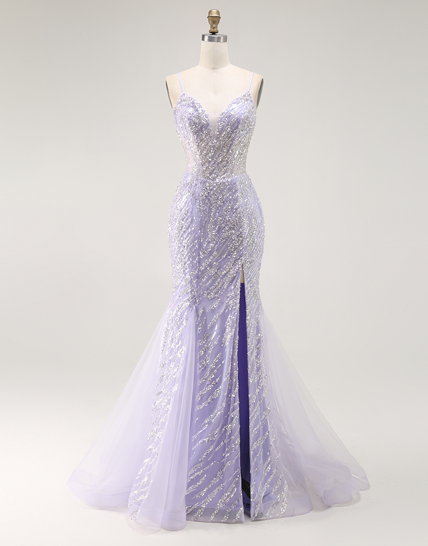 Sparkly Purple Corset Mermaid Sequins Long Prom Dress with Slit