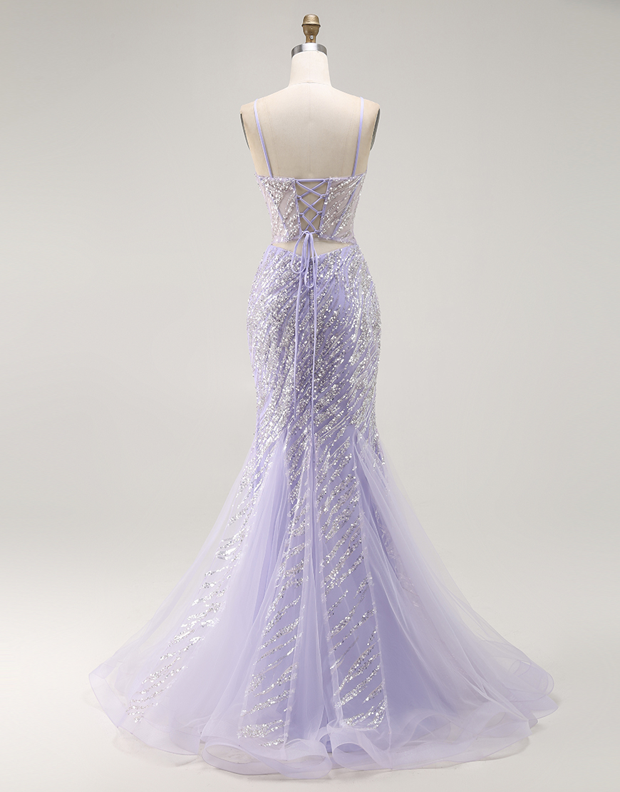 Sparkly Purple Corset Mermaid Sequins Long Prom Dress with Slit
