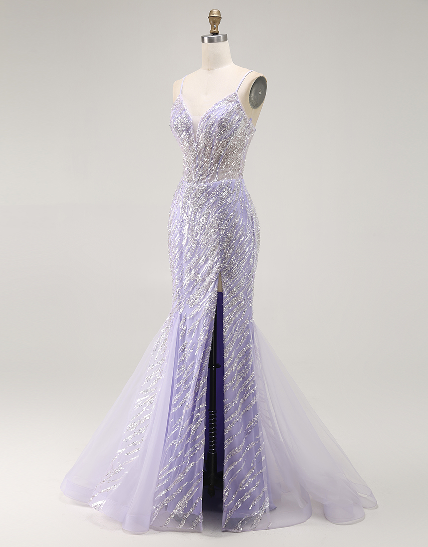 Sparkly Purple Corset Mermaid Sequins Long Prom Dress with Slit