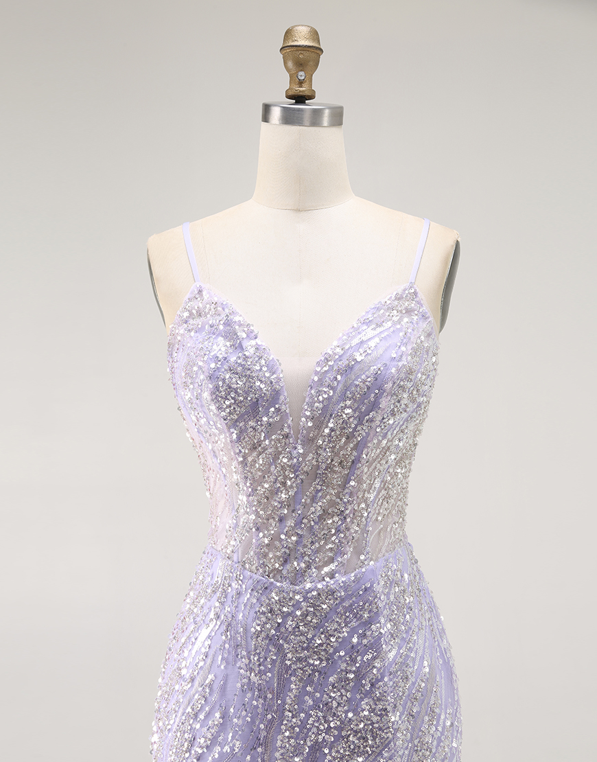 Sparkly Purple Corset Mermaid Sequins Long Prom Dress with Slit