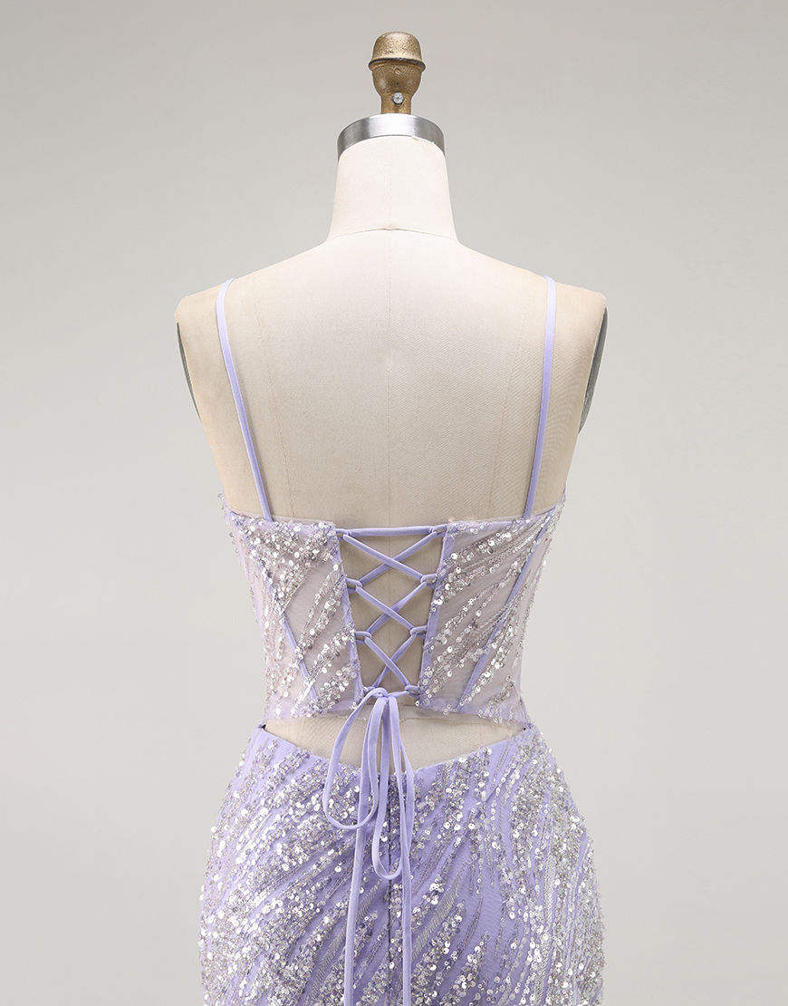 Sparkly Purple Corset Mermaid Sequins Long Prom Dress with Slit