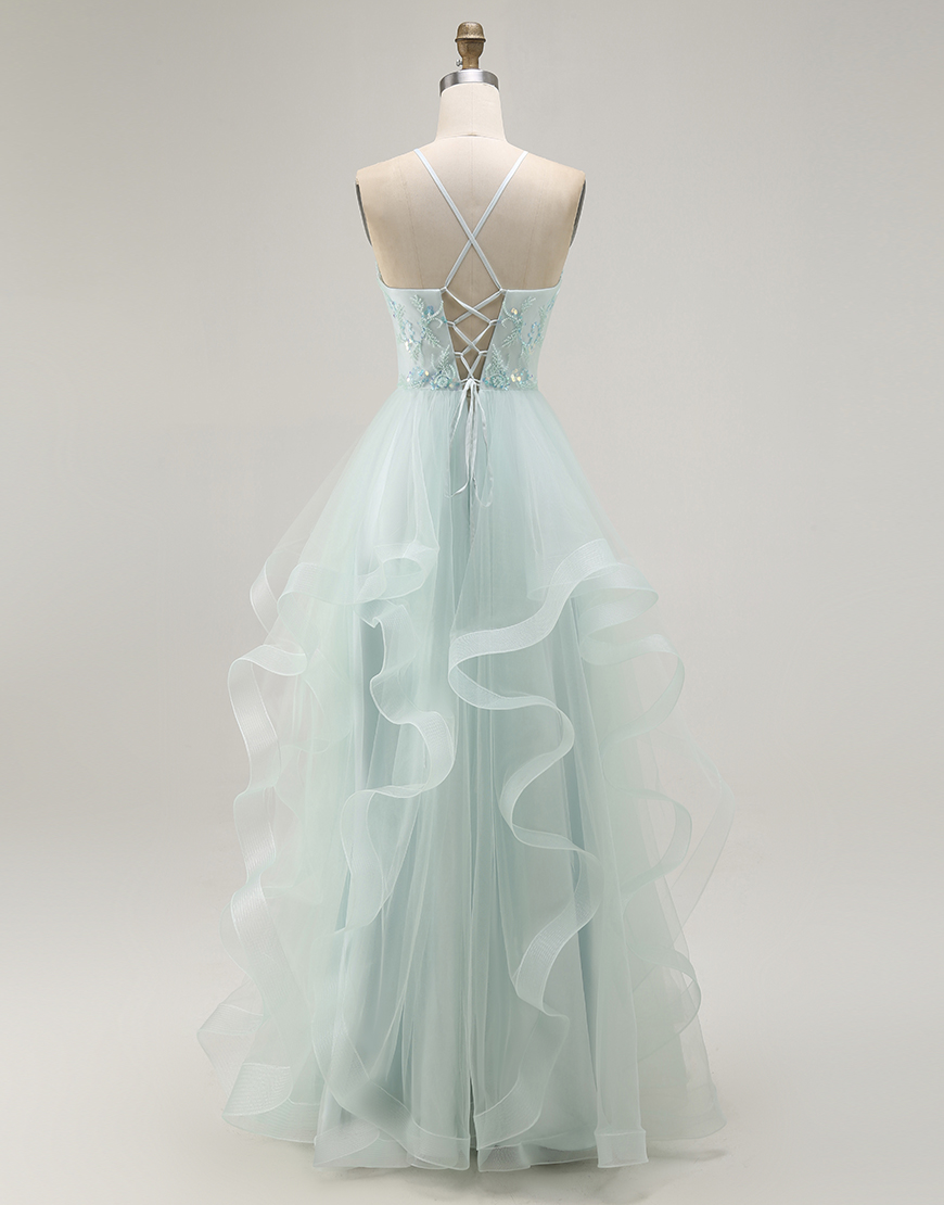 Sparkly Light Green Ruffled A Line Long Prom Dress with Beading