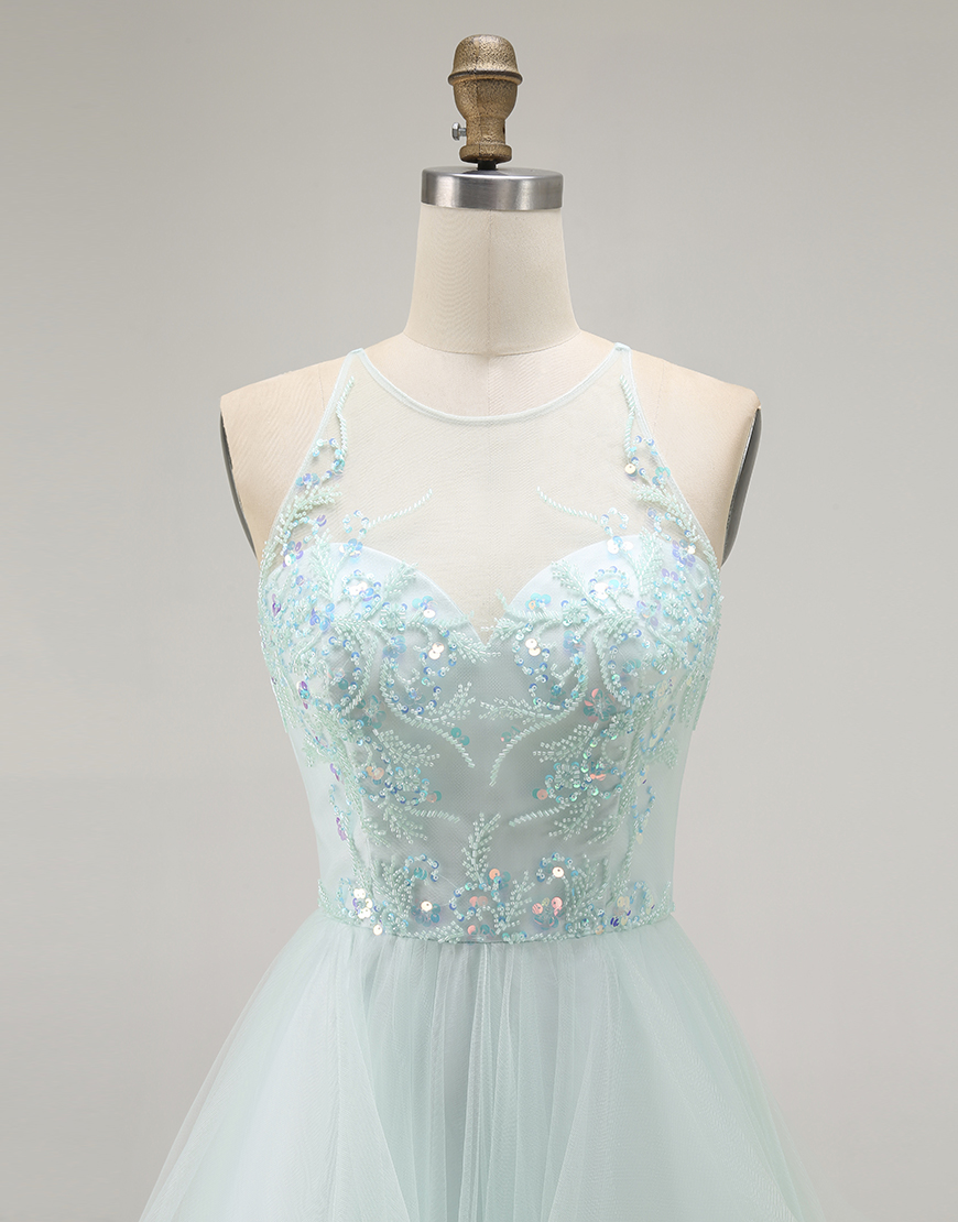 Sparkly Light Green Ruffled A Line Long Prom Dress with Beading