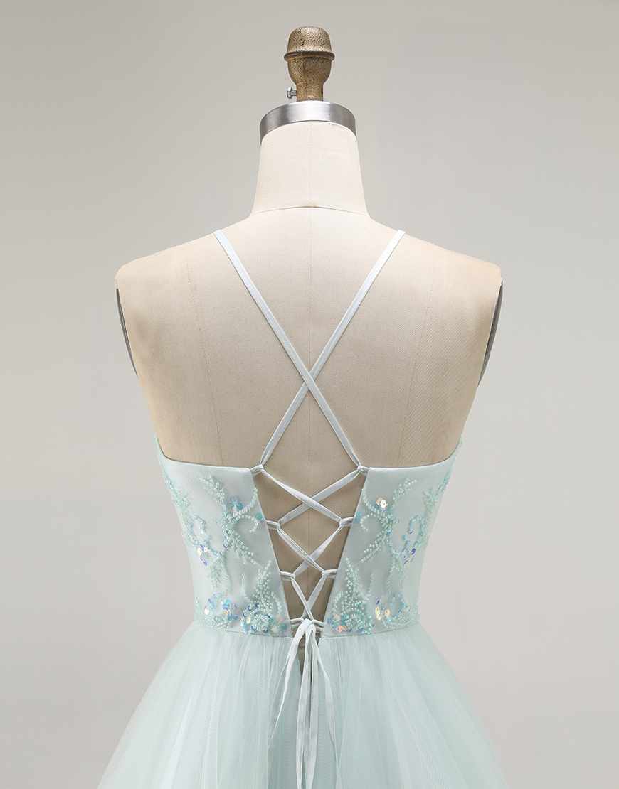 Sparkly Light Green Ruffled A Line Long Prom Dress with Beading