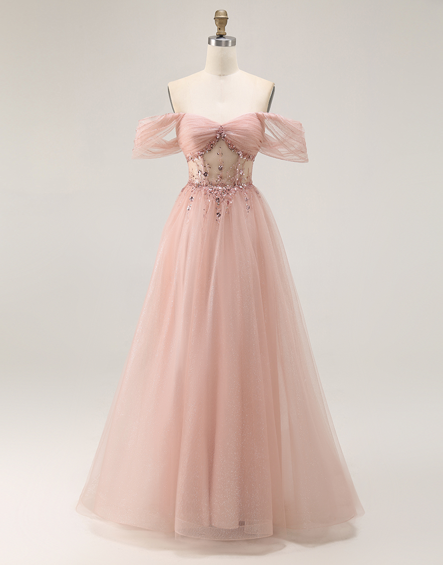 Sparkly Blush Off the Shoulder Sequined Long Prom Dress