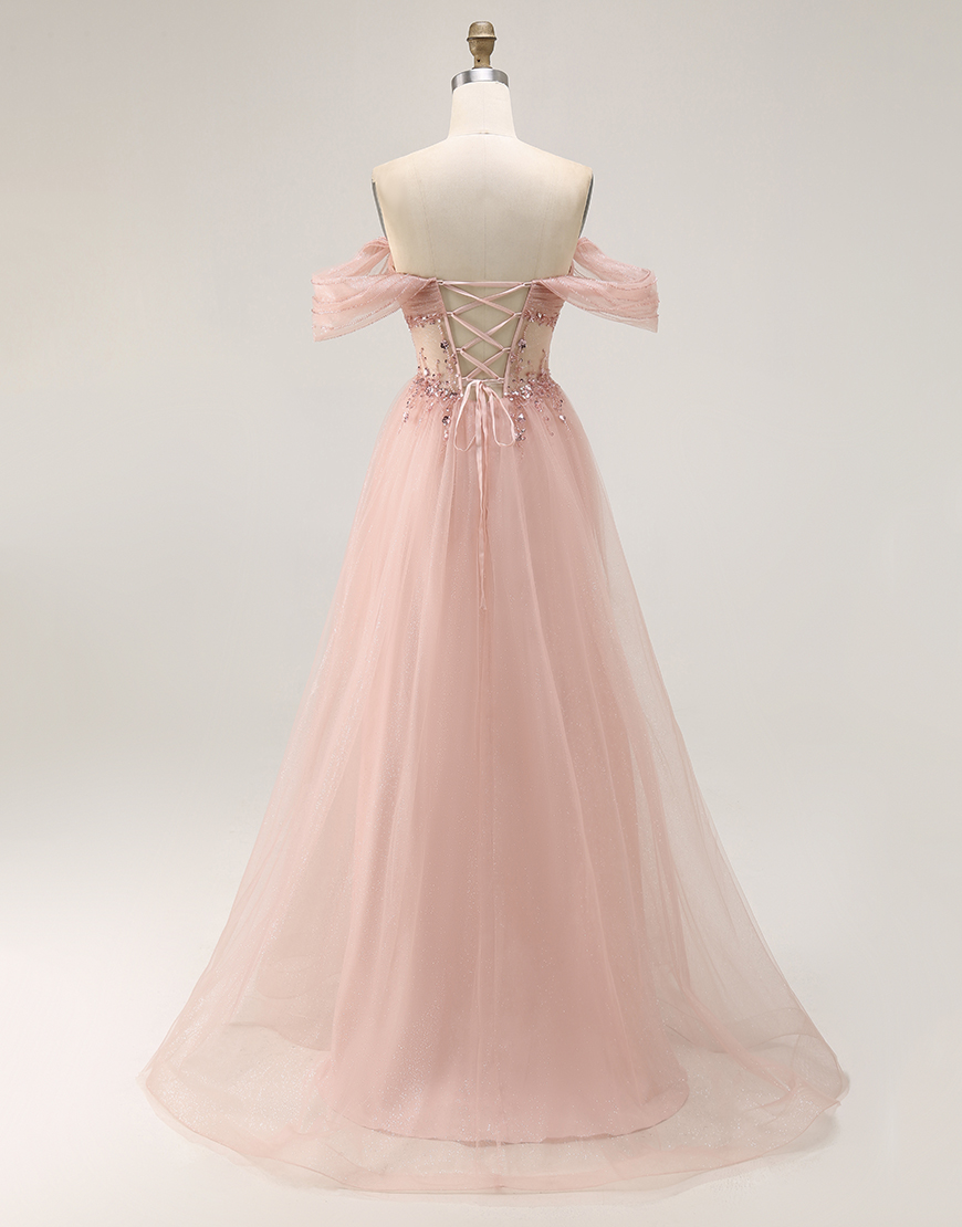 Sparkly Blush Off the Shoulder Sequined Long Prom Dress