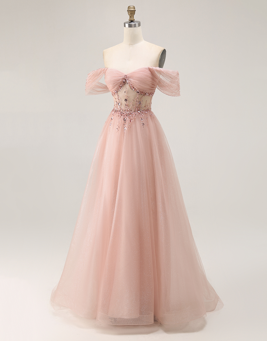Sparkly Blush Off the Shoulder Sequined Long Prom Dress