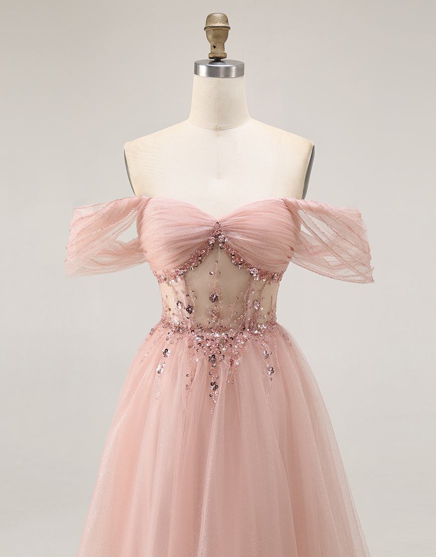 Sparkly Blush Off the Shoulder Sequined Long Prom Dress