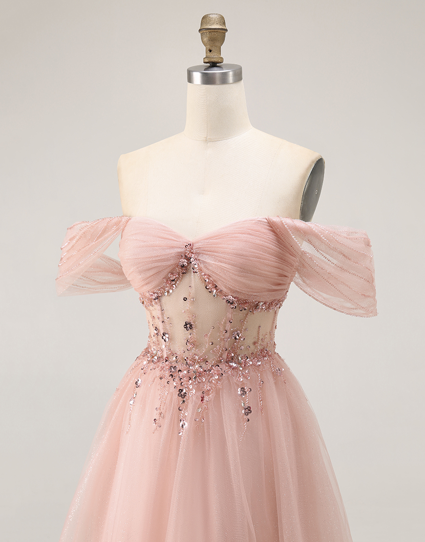 Sparkly Blush Off the Shoulder Sequined Long Prom Dress
