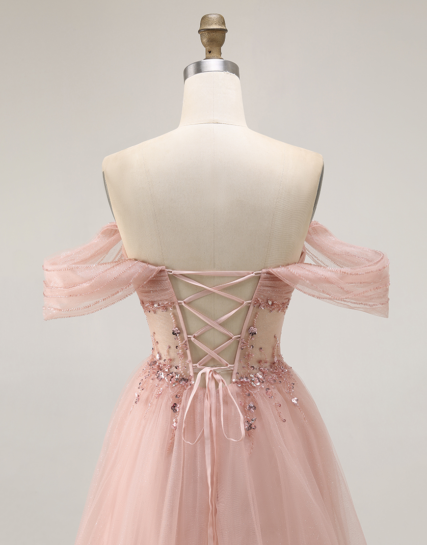 Sparkly Blush Off the Shoulder Sequined Long Prom Dress
