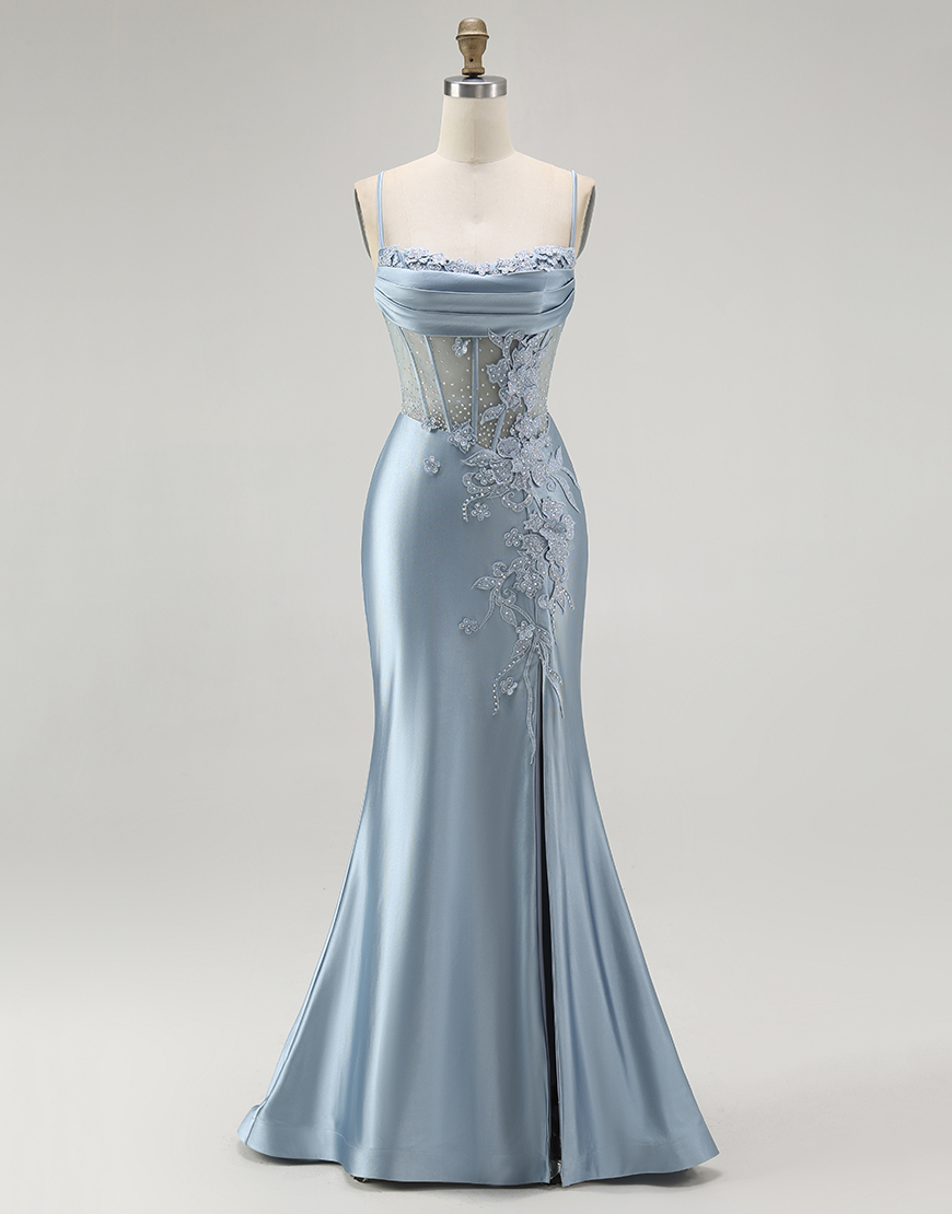 Berlinnova Women Sparkly Grey Blue Appliqued Long Corset Prom Dress with Slit Mermaid Spaghetti Straps Satin Evening Dress with Beading