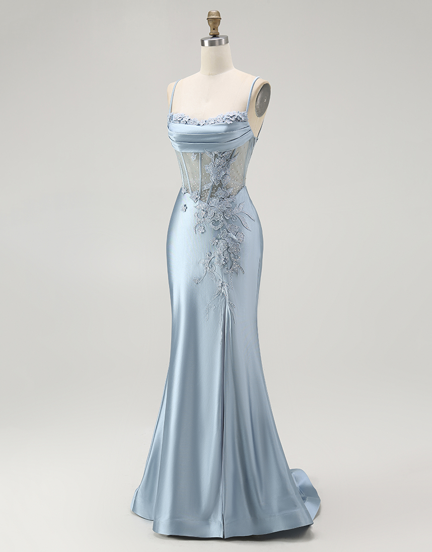 Sparkly Grey Blue Appliqued Mermaid Long Corset Prom Dress with Slit