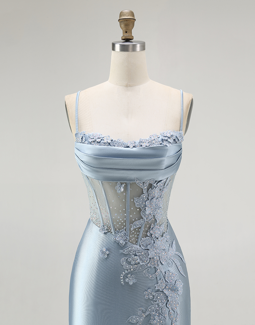 Sparkly Grey Blue Appliqued Mermaid Long Corset Prom Dress with Slit