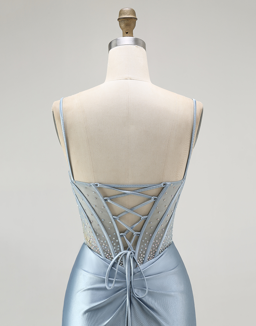 Sparkly Grey Blue Appliqued Mermaid Long Corset Prom Dress with Slit