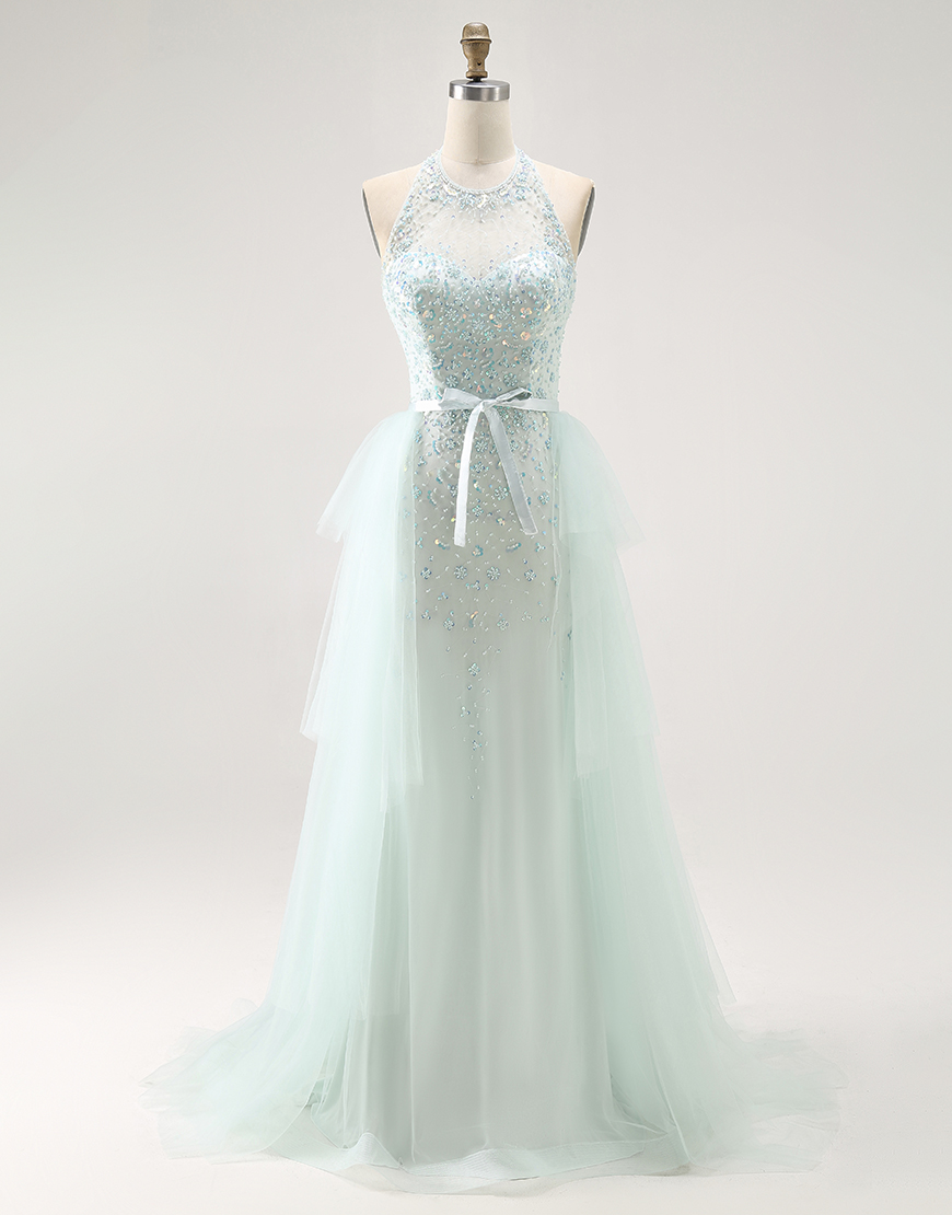 Sparkly Light Green Halter Long Detachable Train Prom Dress with Beading
