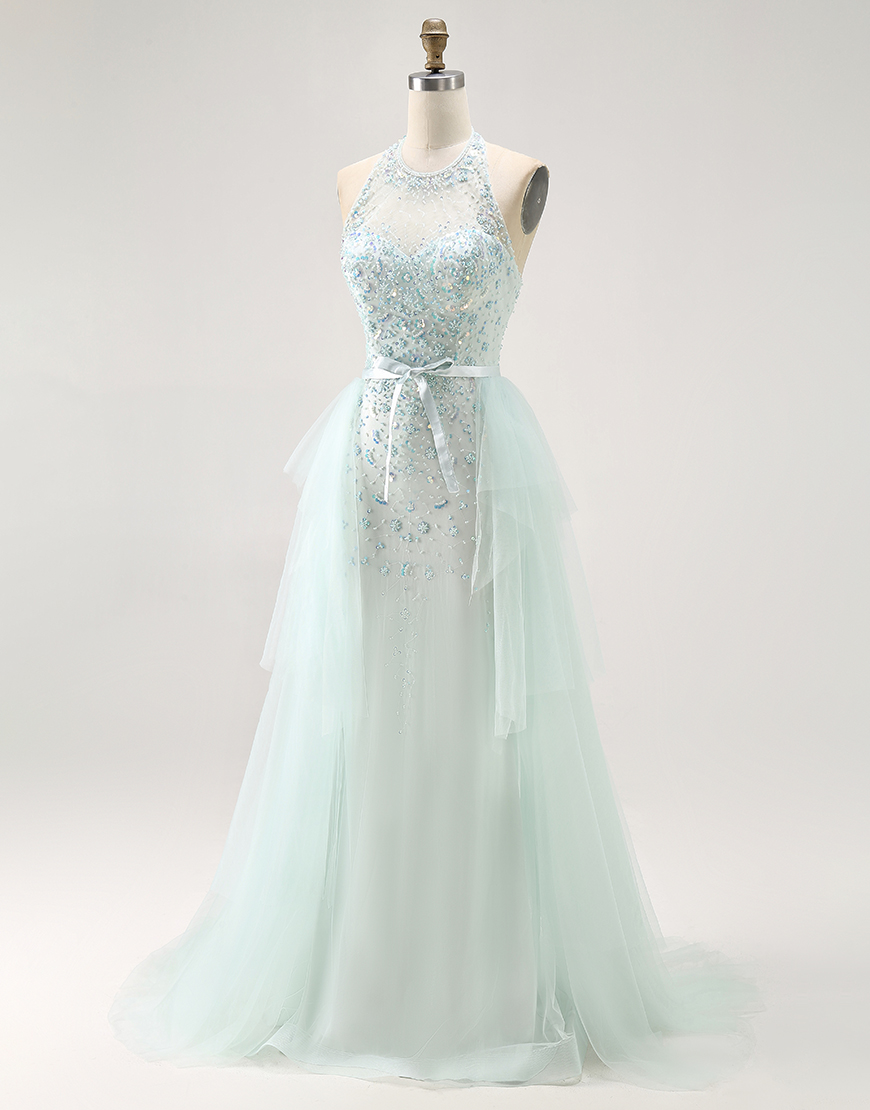 Sparkly Light Green Halter Long Detachable Train Prom Dress with Beading