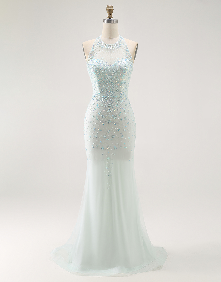 Sparkly Light Green Halter Long Detachable Train Prom Dress with Beading