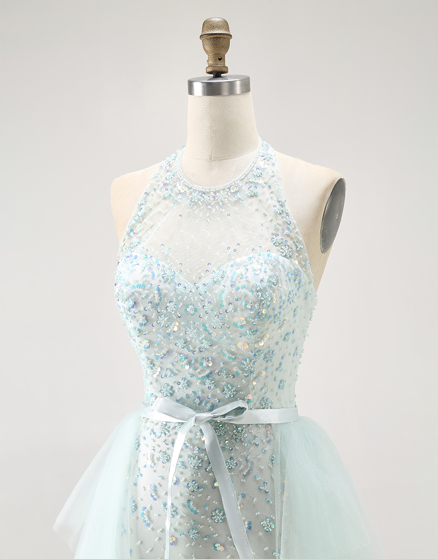 Sparkly Light Green Halter Long Detachable Train Prom Dress with Beading